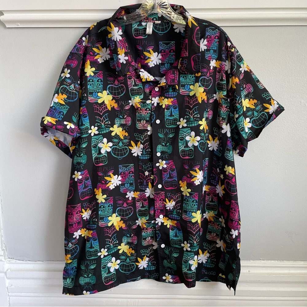 Amacan Men's Multicolor Hawaiian Shirt Tiki Masks Flowers Hot Pink Black L/XL